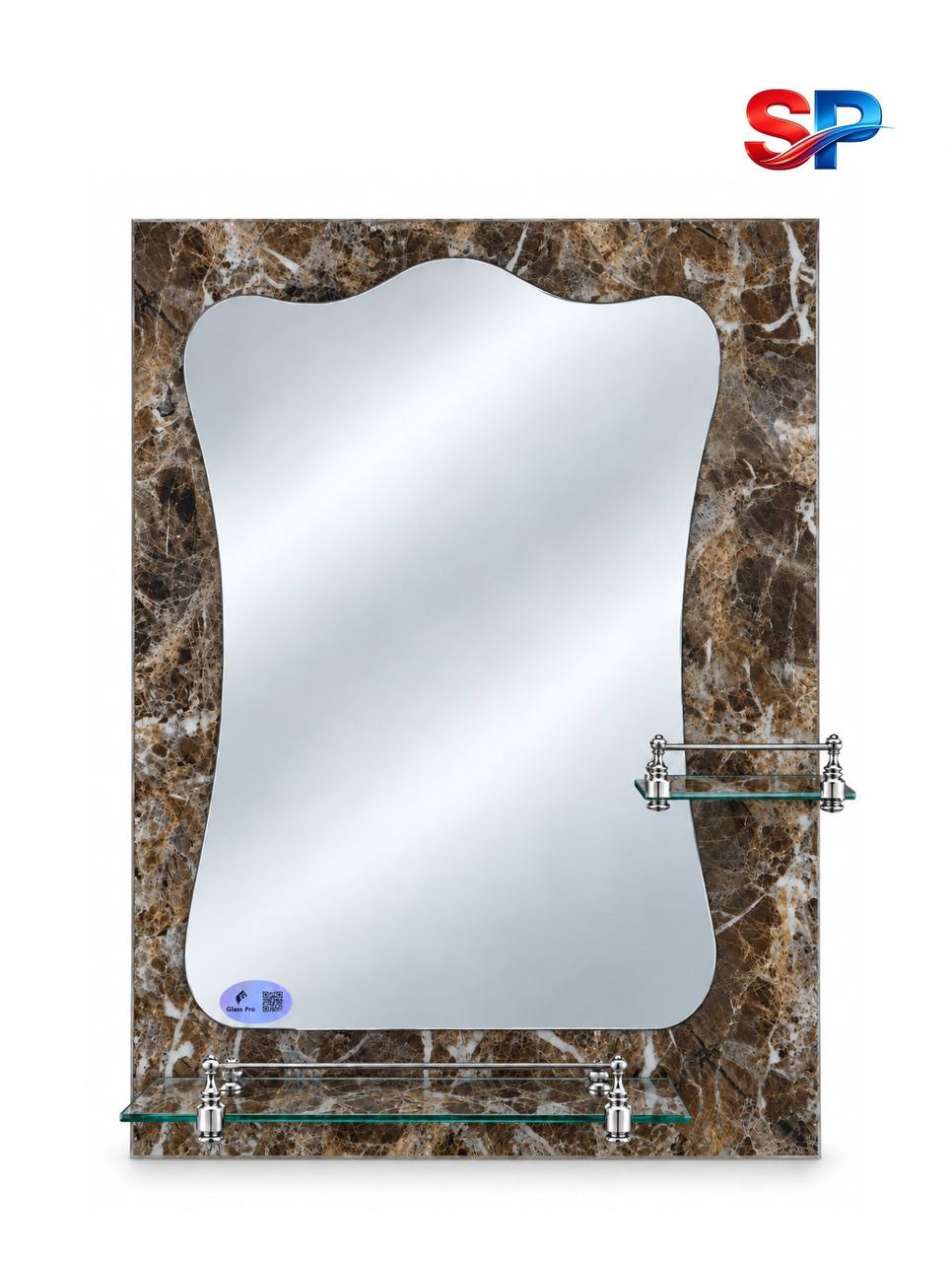 Зеркало GLASS PRO № Z-01 с двумя стеклянными полками, коричневый мрамор с белыми прожилками, хромированная фурнитура