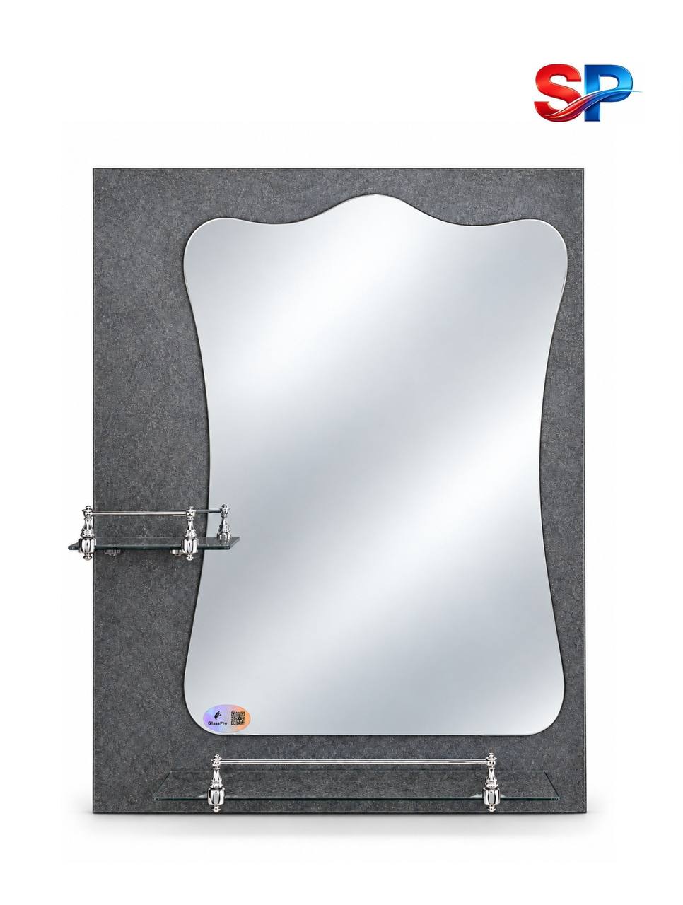 GLASS PRO Mirror No. Z-01, Graphite, with Two Glass Shelves and Chrome-Plated Fittings.